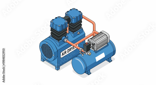 Industrial Air Compressor and Dryer System Isometric Illustration Isolated on White Background