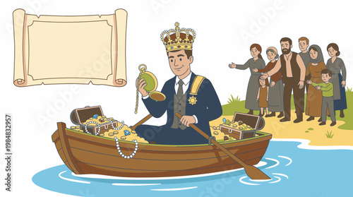 King on Boat with Treasure and Pleads of Poor People Looking on