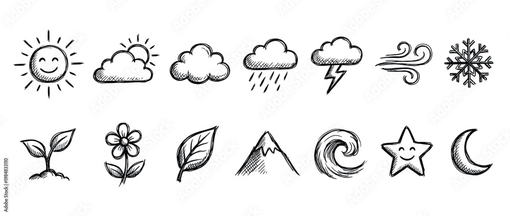 Obraz premium Hand-drawn set of black doodle icons representing various weather conditions and nature elements like sun, cloud, rain, storm, wind, snow, plant, flower, leaf, mountain, wave, star, and moon