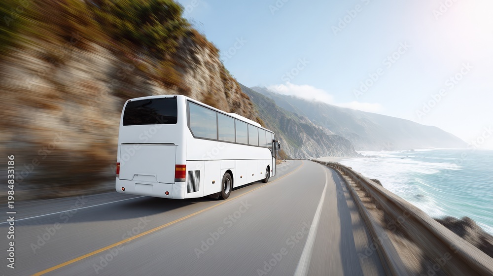 Obraz premium White coach bus driving along coastal cliff highway