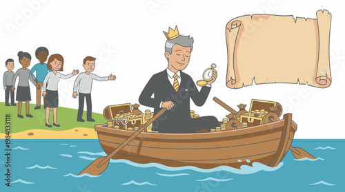 Wealthy Businessman in Crown Sails Away with Treasure Leaving Distressed People on Shore