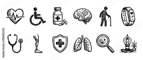 Diverse collection of hand-drawn medical and wellness icons is presented in a clean, illustrative doodle style, depicting various aspects of healthcare, physical well-being, and mental health