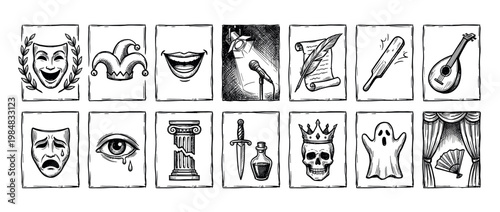 Set of hand-drawn theatre icons representing comedy and tragedy with various performance symbols in a detailed black and white sketch style with a vintage engraving aesthetic