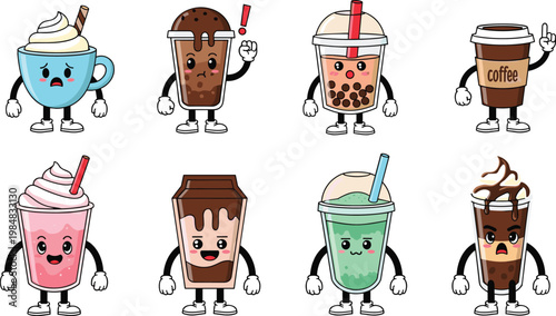 Cute drink characters set with coffee milkshake bubble tea and chocolate beverages vector illustration
