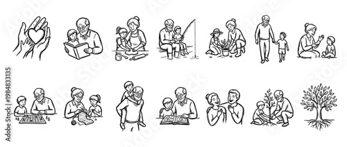 Collection of black and white line art illustrations depicting various intergenerational family activities, showcasing love, learning, and shared moments with a heartwarming, simple style