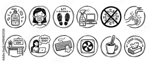 Set of hand-drawn safety icons showing pandemic prevention measures like wearing a mask, social distancing, hand washing, and remote work in a black and white doodle style illustration