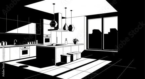 Modern Minimalist Kitchen Interior With Island.