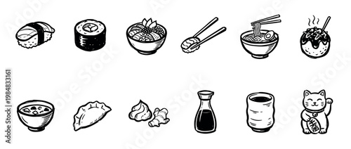 Collection of hand-drawn Japanese food and culture icons displays traditional dishes such as sushi, ramen, and takoyaki, along with chopsticks, soy sauce, and a lucky cat, all in a  doodle style