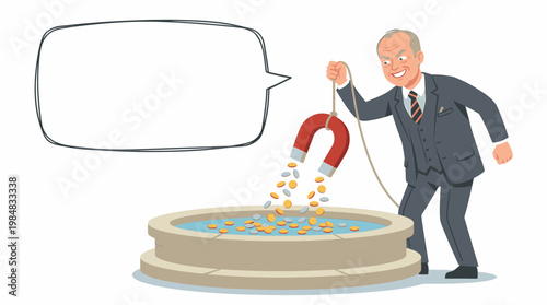 Businessman Using Magnet to Attract Money from a Well for Financial Success