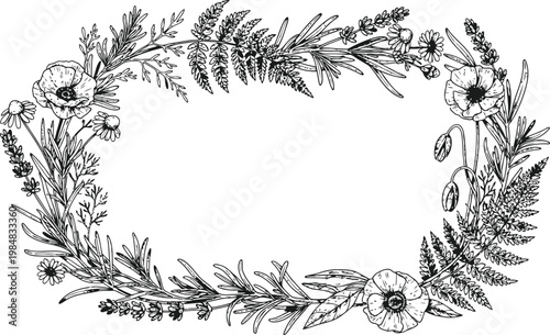 Bild auf Leinwand Botanical Wreath with Lavender Poppies and Ferns in Hand Drawn Sketch Style
