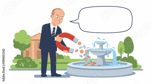 Businessman Uses Magnet to Attract Coins from Fountain for Financial Gain