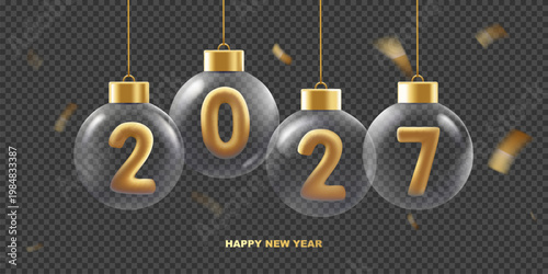 Happy new year 2027 background. Hanging transparent Christmas balls with golden numbers of 2027 year, isolated on transparent background.