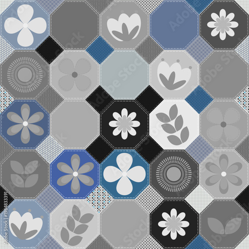 Sophisticated Patchwork Octagon Pattern with Floral and Botanical Motifs