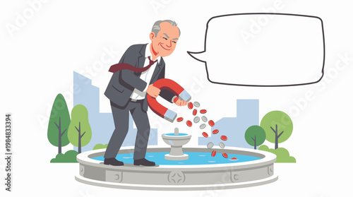 Businessman Magnetizing Money Coins from Fountain for Financial Success