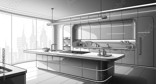 Modern kitchen island with integrated countertop and seating.