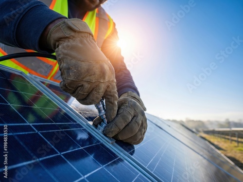A worker in a safety vest installing solar panels outdoors on a sunny day with a focus on the connection