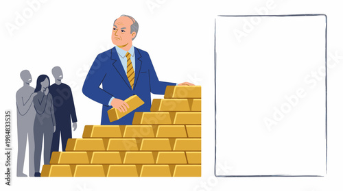 Wealthy Businessman Hoarding Gold Bars and Looking Down on People Wanting Wealth