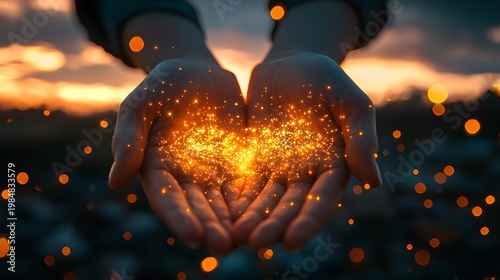 Cupped palms holding radiant particles against blurred evening photo