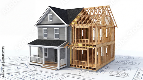 A house with one side fully constructed and the other side showing its wooden frame sits on top of architectural blueprints.
