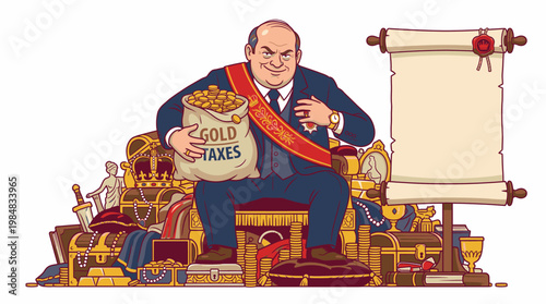 Corrupt Politician Sitting on Treasure with Gold Tax Bag and Scroll