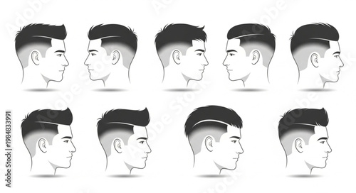 Multiple Male Profile Head Illustrations Showing Haircuts.