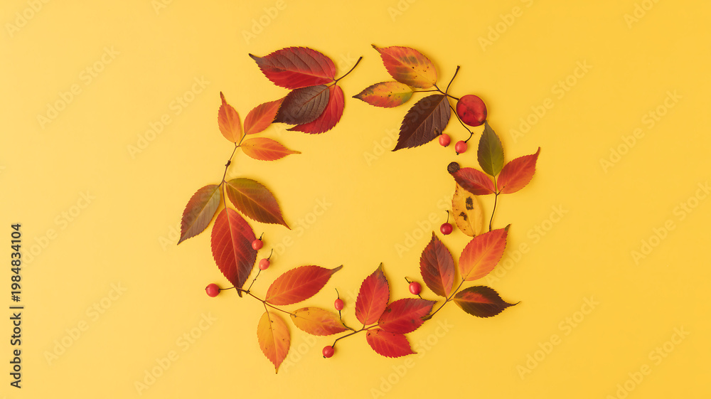 Fototapeta premium Autumn leaves wreath on yellow background with fall foliage, seasonal decoration