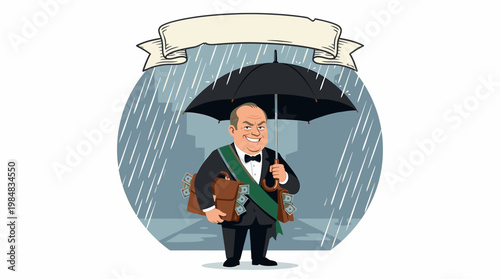 Wealthy Businessman with Briefcases Full of Money Under Umbrella in Rain
