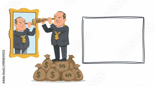 Wealthy Businessman in Pinstripe Suit Looking Through Spyglass at Money Bags