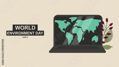 World Environment Day banner with laptop.  laptop with world map on screen and eco leaves, designed for World Environment Day awareness and sustainability campaigns. Vector illustration