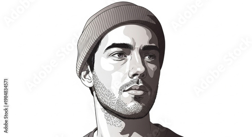 Monochrome Sketch Portrait Of Young Man Wearing Beanie.