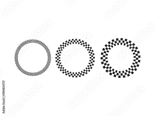 Set of round frames with black-and-white checkerboard pattern. Circular borders featuring race flag or chessboard designs. Vector illustration, isolated on white background.