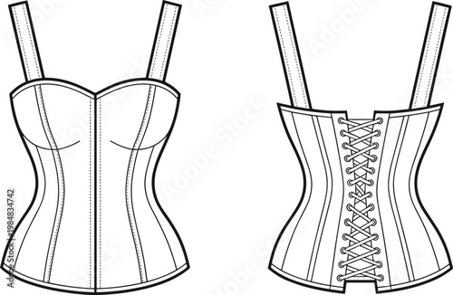 Corset top technical fashion illustration featuring front and back views with lace up detail structured bodice sleeveless straps apparel flat sketch vector template