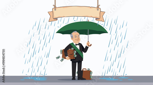 Wealthy Businessman Holds Umbrella Protecting Money from Rain