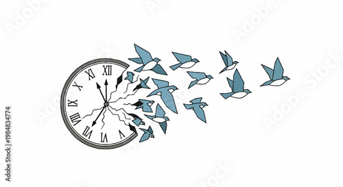 A minimalist vector illustration of a clock with birds flying out of it, symbolizing freedom and time