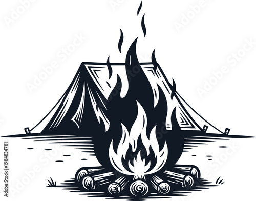 Campfire blazing with stacked logs in front of a tent during nighttime adventure