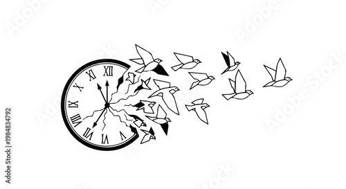 A minimalist vector illustration of a clock with birds flying out of it, symbolizing freedom and time release.