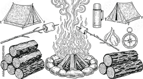 Campfire scene with tents logs marshmallows and compass in a vintage sketch style