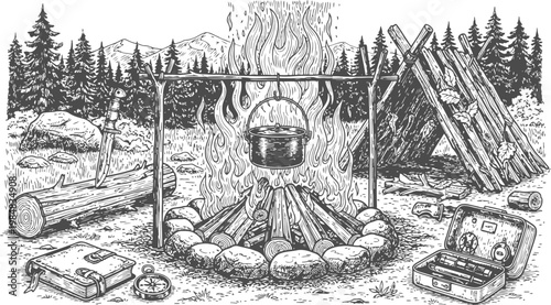 Campfire scene with cooking pot suspended over flames during wilderness survival with a lean-to shelter and tools