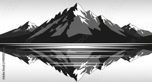Monochrome Mountain Peaks With Mirror Reflection.
