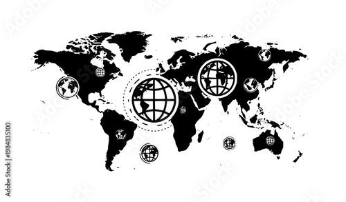 Gray world map silhouette with globe icons in modern layout vector for infographic and annual report isolated on white