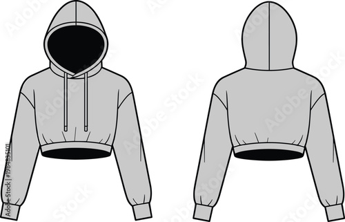 Cropped hoodie technical fashion illustration featuring front and back views with drawstring hood cutout waist detail long sleeve apparel flat sketch vector template