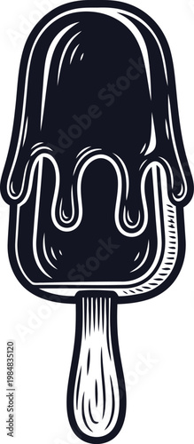 Chocolate ice cream bar with dripping glaze on a wooden stick in a stylized drawing