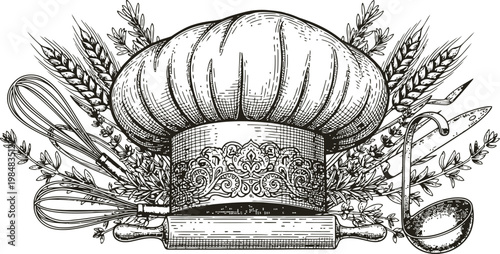 Chef's toque with rolling pin and baking utensils in a vintage engraving style