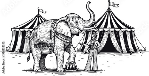 Circus elephant stands with trainer before striped tents in vintage engraved style