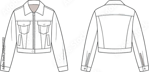 Denim jacket technical fashion illustration featuring front and back views with zipper closure flap pockets long sleeves structured outerwear flat sketch vector template