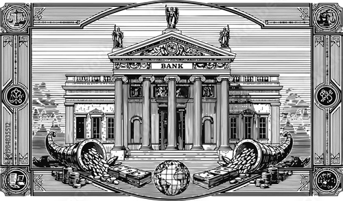 Classical bank building with overflowing cornucopias of coins and globe symbolizing wealth and finance in detailed engraving style