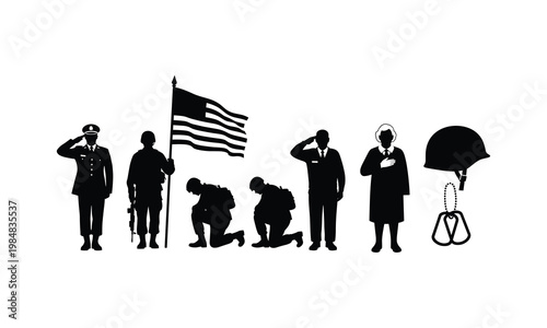 Military service members vector illustration silhouettes honoring veterans and usa forces.