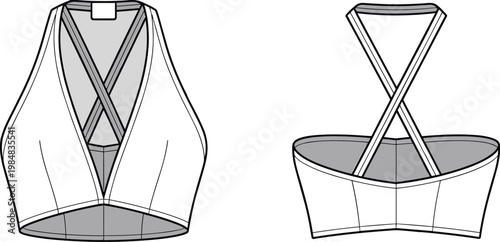 Halter crop top technical fashion illustration featuring front and back views with cross strap detail deep neckline sleeveless apparel flat sketch vector template