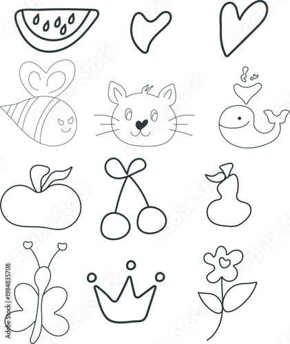 Adorable doodle elements with fruit animal crown icons.