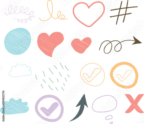 Hand sketched doodle icons with cloud speech bubble.